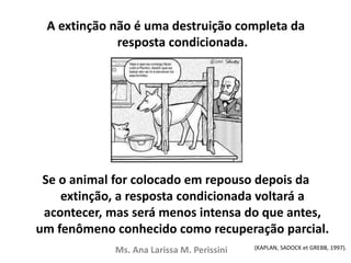 A extinção não é uma destruição completa da
resposta condicionada.
Se o animal for colocado em repouso depois da
extinção, a resposta condicionada voltará a
acontecer, mas será menos intensa do que antes,
um fenômeno conhecido como recuperação parcial.
Ms. Ana Larissa M. Perissini (KAPLAN, SADOCK et GREBB, 1997).
 