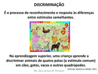DISCRIMINAÇÃO
É o processo de reconhecimento e resposta às diferenças
entre estímulos semelhantes.
Na aprendizagem superior, uma criança aprende a
discriminar animais de quatro patas (o estímulo comum)
em cães, gatos, vacas e outros quadrúpedes.
(KAPLAN, SADOCK et GREBB, 1997).
Ms. Ana Larissa M. Perissini
 