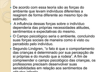 De acordo com essa teoria são as forças do ambiente que levam indivíduos diferentes a reagirem de forma diferente ao mesmo tipo de estimulo.A influência dessas forças sobre o indivíduo dependeria das próprias necessidades atitudes, sentimentos e expectativas do mesmo. O Campo psicológico seria o ambiente, concluindo suas forças sociais de maneira como é visto ou percebido pelo indivíduo. Segundo Lindgren, “o fato é que o comportamento das crianças é determinado por sua percepção de si próprias e do mundo que a rodeia”. A fim de compreender o campo psicológico das crianças, os professores precisam desenvolver suas sensibilidades em relação aos sentimentos de atitudes infantis.