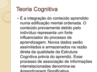 Teoria CognitivaÉ a integração do conteúdo aprendido numa edificação mental ordenada. O conteúdo previamente detido pelo indivíduo representa um forte influenciador do processo de aprendizagem. Novos dados serão assimilados e armazenados na razão direta da qualidade da Estrutura Cognitiva prévia do aprendiz. Esse processo de associação de informações interrelacionadas denomina-se Aprendizagem Significativa .