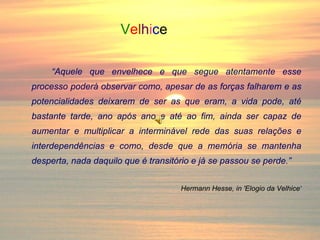 V e l h i c e “ Aquele que envelhece e que segue atentamente esse processo poderá observar como, apesar de as forças falharem e as potencialidades deixarem de ser as que eram, a vida pode, até bastante tarde, ano após ano e até ao fim, ainda ser capaz de aumentar e multiplicar a interminável rede das suas relações e interdependências e como, desde que a memória se mantenha desperta, nada daquilo que é transitório e já se passou se perde.” Hermann Hesse, in 'Elogio da Velhice' 