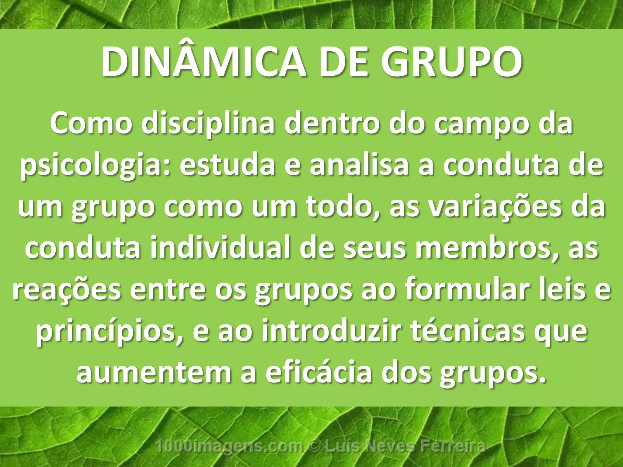 DINÂMICA DE GRUPOComo disciplina dentro do campo da psicologia: estuda e analisa a conduta de um grupo como um todo, as variações da conduta individual de seus membros, as reações entre os grupos ao formular leis e princípios, e ao introduzir técnicas que aumentem a eficácia dos grupos.