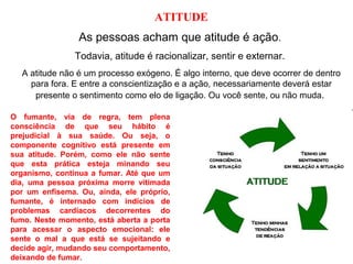 ATITUDE
                 As pessoas acham que atitude é ação.
                Todavia, atitude é racionalizar, sentir e externar.
  A atitude não é um processo exógeno. É algo interno, que deve ocorrer de dentro
    para fora. E entre a conscientização e a ação, necessariamente deverá estar
     presente o sentimento como elo de ligação. Ou você sente, ou não muda.

O fumante, via de regra, tem plena
consciência de que seu hábito é
prejudicial à sua saúde. Ou seja, o
componente cognitivo está presente em
sua atitude. Porém, como ele não sente
que esta prática esteja minando seu
organismo, continua a fumar. Até que um
dia, uma pessoa próxima morre vitimada
por um enfisema. Ou, ainda, ele próprio,
fumante, é internado com indícios de
problemas cardíacos decorrentes do
fumo. Neste momento, está aberta a porta
para acessar o aspecto emocional: ele
sente o mal a que está se sujeitando e
decide agir, mudando seu comportamento,
deixando de fumar.
 