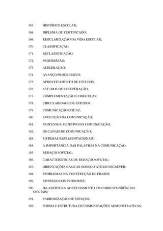167. HISTÓRICO ESCOLAR;
168. DIPLOMA OU CERTIFICADO;
169. REGULARIZAÇÃO DA VIDA ESCOLAR;
170. CLASSIFICAÇÃO;
171. RECLASSIFICAÇÃO;
172. PROGRESSÃO;
173. ACELERAÇÃO;
174. AVANÇO PROGRESSIVO;
175. APROVEITAMENTO DE ESTUDOS;
176. ESTUDOS DE RECUPERAÇÃO;
177. COMPLEMENTAÇÃO CURRICULAR;
178. CIRCULARIDADE DE ESTUDOS.
179. COMUNICAÇÃO EFICAZ;
180. EVOLUÇÃO DA COMUNICAÇÃO;
181. PROCESSO E OBJETIVO DA COMUNICAÇÃO;
182. OS CANAIS DE COMUNICAÇÃO;
183. SISTEMAS REPRESENTACIONAIS;
184. A IMPORTÂNCIA DAS PALAVRAS NA COMUNICAÇÃO;
185. REDAÇÃO OFICIAL;
186. CARACTERÍSTICAS DE REDAÇÃO OFICIAL;
187. ORIENTAÇÕES BÁSICAS SOBRE O ATO DE ESCREVER;
188. PROBLEMAS NA CONSTRUÇÃO DE FRASES;
189. EMPREGO DOS PRONOMES;
190. DA ABERTURA AO FECHAMENTO EM CORRESPONDÊNCIAS
OFICIAIS;
191. PADRONIZAÇÃO DE ESPAÇOS;
192. FORMA E ESTRUTURA DE COMUNICAÇÕES ADMINISTRATIVAS.
 