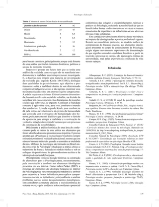 139Psic.: Teor. e Pesq., Brasília, 2010, Vol. 26 n. especial, pp. 131-141
Psicologia e Educação
para buscar caminhos, principalmente porque está distante
de uma análise que inclui elementos históricos, políticos e
sociais do momento presente.
Impossível pensar em futuro sem que se tenha uma
análise da realidade concreta que não se manifesta ime-
diatamente: a realidade concreta precisa ser investigada.
E, a dialética nos propõe uma maneira de investigação
da realidade que, segundo Kosik (1963/2002), distingue
duas qualidades da práxis humana: agir objetiva e pra-
ticamente sobre a realidade dentro de um determinado
conjunto de relações sociais e não apenas examinar essa
mesma realidade como um abstrato sujeito congoscente.
A práxis a que nos referimos é historicamente determina-
da, baseada na divisão social do trabalho, na divisão da
sociedade em classes sociais e nas hierarquias de posições
sociais que sobre elas se erguem. Conhecer a realidade
concreta é agir sobre ela e, para isso, combater o mundo
das aparências. E, ainda segundo Kosik, esse combate se
dá pela crítica revolucionária da práxis da humanidade
que coincide com o processo de humanização dos ho-
mens, pelo pensamento dialético que dissolve o fetiche
da aparência para atingir a realidade e a realização da
verdade e criação da realidade humana por um processo
de construção de possibilidades.
Dificilmente a análise histórica de uma área do conhe-
cimento pode se eximir de uma crítica aos elementos que
foram identificados como presentes nessa trajetória. É preciso
apontar que a Psicologia e os psicólogos brasileiros sempre
estiveram próximos à realidade educacional, mesmo que em
número bastante reduzido, quando se considera a totalidade
da área. Milhares de psicólogos são formados no Brasil ain-
da com o viés da Psicologia voltada para a prática clínica e
tratamento da doença, fundada no modelo médico e sob os
enfoques do positivismo, do pós-modernismo acrítico e da
ideologia da sociedade burguesa.
O rompimento com essa posição histórica e a construção
de alternativas para a Psicologia passa, necessariamente,
pela constatação e combate aos elementos ideológicos
presentes em seu interior. Como indica Parker (2007), a
presença de elementos da ideologia burguesa no interior
da Psicologia pode ser constatada pela tendência a atribuir
peso excessivo a fatores individuais para explicar compor-
tamentos sociais ou individuais; pela tendência a analisar
problemas sociais como desajustamentos psicológicos,
sem considerar a estrutura classista e socioeconômica do
sistema social; e pela tendência a desconsiderar o potencial
conformista das soluções e encaminhamentos teóricos e
práticos da Psicologia, reduzindo a possibilidade de que os
beneficiados desses conhecimentos ou serviços se tornem
conscientes da importância de influências sociais adversas
em suas vidas cotidianas.
Esta condição evidencia uma histórica luta e resistência
ao impacto da ideologia sobre a prática profissional vigente.
Resistir ao consultório particular, ao modelo médico de
compreensão do fracasso escolar, aos elementos ideoló-
gicos presentes no corpo de conhecimento da Psicologia
exigiu alguns movimentos importantes de disseminação
do que significa entender a realidade brasileira a partir da
inserção e presença no campo, não apenas pela vidraça da
universidade, mas pelas experiências cotidianas de vida
nesses espaços.
Referências
Albuquerque, R. C. (1995). Estratégia de desenvolvimento e
combate à pobreza. Estudos Avançados (São Paulo), 9, 75-116.
Almeida, S. F. C. (2002). O psicólogo no cotidiano da escola:
re-significando a atuação profissional. Em R. S. L. Guzzo (Org.),
Psicologia escolar: LDB e educação hoje (2a ed) (pp. 77-90).
Campinas: Alínea.
Almeida, S. F. C. (2003). Psicologia escolar: ética e
competências na formação e atuação profissional. Campinas:
Alínea.
Andaló, C. S. A. (1984). O papel do psicólogo escolar.
Psicologia: Ciência e Profissão, 4, 43-46.
Benjamim, W. (1987). Obras escolhidas, Vol 1. Magia e técnica,
arte e política. Ensaios sobre literatura e história da cultura. São
Paulo: Brasiliense.
Branco, M. T. C. (1998). Que profissional queremos formar?
Psicologia: Ciência e Profissão, 18, 28-35.
Campos, H. R. (Org.). (2007). Formação em psicologia escolar:
realidade e perspectivas. Campinas: Alínea.
Conselho Federal de Educação (1962). Parecer nº. 403/62
- Currículo mínimo dos cursos de psicologia. Retirado em
13/09/2010, de http://www.abepsi.org.br/abepsi/linha_do_tempo/
memoria/docs/fr_1962_2.htm.
Conselho Federal de Psicologia (2007). Resolução CFP
N.º 013/2007 - Consolidação das resoluções relativas ao título
profissional de especialista em psicologia. Brasília: CFP.
Cruces, A. V. V. (2003). Psicologia e Educação: nossa história
e nossa realidade. Em S. F. C. Almeida (Org.), Psicologia escolar:
ética e competências na formação e atuação profissional (pp. 17-
36). Campinas: Alínea.
Del Prette, Z. A. P. (2001). Psicologia escolar e educacional:
saúde e qualidade de vida, explorando fronteiras. Campinas:
Alínea.
Gomes, V. L. (2002). A formação do psicólogo escolar e os
impasses entre a teoria e a prática. Em R. S. L. Guzzo (Org.),
Psicologia escolar: LDB e educação hoje. Campinas: Alínea.
Guzzo, R. S. L. (1996). Formando psicólogos escolares no
Brasil: dificuldades e perspectivas. Em S. M. Wechsler (Org.),
Psicologia escolar: pesquisa, formação e prática (pp. 75-92).
Campinas: Alínea.
Guzzo, R. S. L. (1999). Psicologia escolar: LDB e educação
hoje. Campinas: Alínea.
Tabela 5. Número de autores (N) em função de sua qualificação.
Qualificação dos autores N %
Doutor 25 43
Mestre 5 8,5
Doutorandos 5 8,5
Mestrandos 7 12
Estudantes de graduação 9 16
Não identificado 7 12
TOTAL 58 100
 