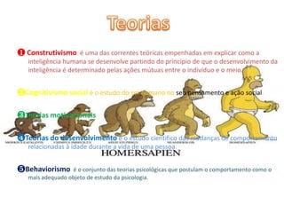 ❶ Construtivismo é uma das correntes teóricas empenhadas em explicar como a
inteligência humana se desenvolve partindo do princípio de que o desenvolvimento da
inteligência é determinado pelas ações mútuas entre o indivíduo e o meio.
❷Cognitivismo social é o estudo do ser humano no seu pensamento e ação social.
❸Teorias motivacionais
❹Teorias do desenvolvimento é o estudo cientifico das mudanças de comportamento
relacionadas à idade durante a vida de uma pessoa.
❺Behaviorismo é o conjunto das teorias psicológicas que postulam o comportamento como o
mais adequado objeto de estudo da psicologia.
 