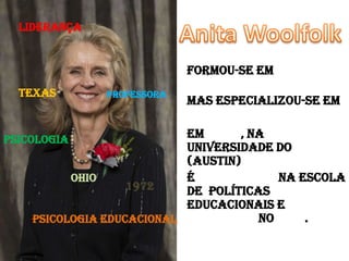 Formou-se em
Psicologia
mas especializou-se em
Psicologia Educacional
em 1972, Na
Universidade do Texas
(austin)
É Professora na Escola
de Políticas
Educacionais e
Liderança no ohio.
Psicologia
Psicologia Educacional
1972
Texas Professora
Liderança
ohio
 