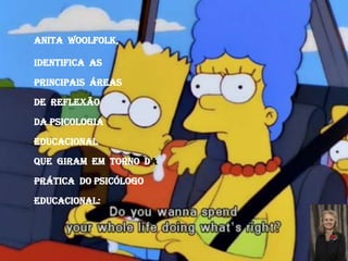 Anita Woolfolk,
identifica as
principais áreas
de reflexão
da psicologia
educacional
que giram em torno da
prática do psicólogo
educacional:
 