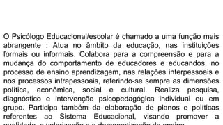 PAPEL DO PSICÓLOGO EDUCACIONAL NA
ATUALIDADE
O Psicólogo Educacional/escolar é chamado a uma função mais
abrangente : Atua no âmbito da educação, nas instituições
formais ou informais. Colabora para a compreensão e para a
mudança do comportamento de educadores e educandos, no
processo de ensino aprendizagem, nas relações interpessoais e
nos processos intrapessoais, referindo-se sempre as dimensões
política, econômica, social e cultural. Realiza pesquisa,
diagnóstico e intervenção psicopedagógica individual ou em
grupo. Participa também da elaboração de planos e políticas
referentes ao Sistema Educacional, visando promover a
 