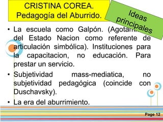 Page 12
CRISTINA COREA.
Pedagogía del Aburrido.
• La escuela como Galpón. (Agotamiento
del Estado Nacion como referente de
articulación simbólica). Instituciones para
la capacitacion, no educación. Para
prestar un servicio.
• Subjetividad mass-mediatica, no
subjetividad pedagógica (coincide con
Duschavsky).
• La era del aburrimiento.
 