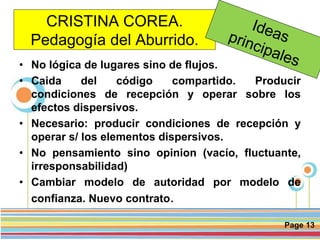 Page 13
CRISTINA COREA.
Pedagogía del Aburrido.
• No lógica de lugares sino de flujos.
• Caida del código compartido. Producir
condiciones de recepción y operar sobre los
efectos dispersivos.
• Necesario: producir condiciones de recepción y
operar s/ los elementos dispersivos.
• No pensamiento sino opinion (vacío, fluctuante,
irresponsabilidad)
• Cambiar modelo de autoridad por modelo de
confianza. Nuevo contrato.
 