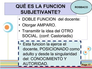 Page 17
QUÉ ES LA FUNCION
SUBJETIVANTE?
• DOBLE FUNCION del docente:
• Otorgar AMPARO.
• Transmitir la idea del OTRO
SOCIAL. (conf: Castoriadis)
ROSBACO
• Esta funcion la ejerce el
docente, POSICIONADO como
adulto y desde la singularidad
del: CONOCIMIENTO Y
AUTORIDAD.
 