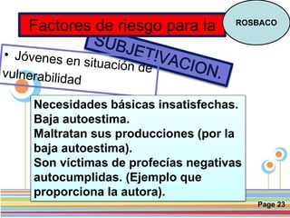 Page 23
Factores de riesgo para la ROSBACO
Necesidades básicas insatisfechas.
Baja autoestima.
Maltratan sus producciones (por la
baja autoestima).
Son víctimas de profecías negativas
autocumplidas. (Ejemplo que
proporciona la autora).
 
