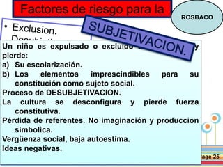 Page 25
Factores de riesgo para la
ROSBACO
Un niño es expulsado o excluido de la escuela y
pierde:
a) Su escolarización.
b) Los elementos imprescindibles para su
constitución como sujeto social.
Proceso de DESUBJETIVACION.
La cultura se desconfigura y pierde fuerza
constitutiva.
Pérdida de referentes. No imaginación y produccion
simbolica.
Vergüenza social, baja autoestima.
Ideas negativas.
 