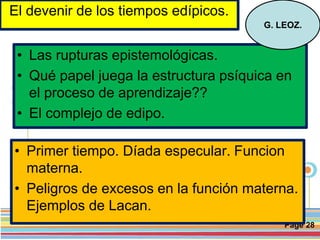 Page 28
El devenir de los tiempos edípicos.
• Las rupturas epistemológicas.
• Qué papel juega la estructura psíquica en
el proceso de aprendizaje??
• El complejo de edipo.
G. LEOZ.
• Primer tiempo. Díada especular. Funcion
materna.
• Peligros de excesos en la función materna.
Ejemplos de Lacan.
 