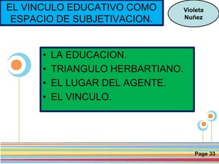 Page 33
• LA EDUCACION.
• TRIANGULO HERBARTIANO.
• EL LUGAR DEL AGENTE.
• EL VINCULO.
Violeta
Nuñez
EL VINCULO EDUCATIVO COMO
ESPACIO DE SUBJETIVACION.
 