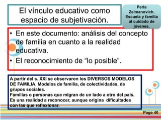 Page 40
El vínculo educativo como
espacio de subjetivación.
• En este documento: análisis del concepto
de familia en cuanto a la realidad
educativa.
• El reconocimiento de “lo posible”.
Perla
Zelmanovich.
Escuela y familia
al cuidado de
jóvenes.
A partir del s. XXI se observaron los DIVERSOS MODELOS
DE FAMILIA. Modelos de familia, de colectividades, de
grupos sociales.
Familias o personas que migran de un lado a otro del país.
Es una realidad a reconocer, aunque origina dificultades
con las que reflexionar.
 