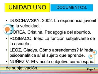 Page 5
UNIDAD UNO
• DUSCHAVSKY. 2002. La experiencia juvenil
en la velocidad.
• COREA, Cristina. Pedagogía del aburrido.
• ROSBACO, Inés: La función subjetivante de
la escuela.
• LEOZ, Gladys. Cómo aprendemos? Mirada
psicoanalítica s/ el sujeto que aprende.
• NUÑEZ V: El vínculo subjetivo como espac.
de subjetivación.
DOCUMENTOS.
 