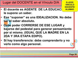 Page 50
Lugar del DOCENTE en el Vínculo D/A
• El docente es AGENTE DE LA EDUCACION, se
le supone un saber.
• Ese “suponer” es una IDEALIZACION. No debe
ser el saber absoluto.
• Debe poder CORRERSE DE ESE LUGAR y
bajarse del pedestal para generar pensamiento
por sí mismo. (IGUAL QUE LA MADRE EN LA
2DA Y 3RA ETAPA EDIPO).
• Si hay transferencia: debe comprenderlo y no
verlo como algo personal.
G.LEOZ:
VINCULO
DOCENTE/
ALUMNO.
 