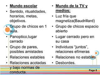 Page 8
• Mundo escolar
• Sentido, ritualidades,
horarios, metas,
objetivos.
• Grupo de chicos en 1
aula.
• Panoptico,lugar
cerrado
• Grupo de pares,
posibles amistades
• Relaciones estables
• Relaciones acotadas
y bajo normas de
conducta.
• Mundo de la TV y
medios:
• Luz fría que
magnetiza(Baudrillard)
• Grupo de chicos espacio
abierto
• Lugar cerrado pero en
su casa
• Individuos “juntos”,
relaciones efímeras
• Relaciones no estables
• Desbordes.
 