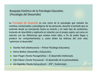 Bosquejo histórico de la Psicología Educativa.
(Psicología del Desarrollo)

La Psicología del Desarrollo es una rama de la psicología que estudia los
cambios conductuales y psicológicos de las personas, durante el periodo que se
extiende desde su concepción hasta su muerte, y en todo tipo de ambientes,
tratando de describirlo y explicarlo en relación con el propio sujeto, así como en
relación con las diferencias que existen entre ellos; a fin de poder llegar a
predecir los comportamientos y, como dirían los teóricos del ciclo vital,
"optimizar el desarrollo".

    Stanley Hall (Adolescencia – Primer Psicólogo Educativo).
    Henry Wallon (Desarrollo y Educación).
    Jean Piaget (Teoría Psicogenética – El desarrollo intelectual).
    Erik Erikson (Teoría Psicosocial – El desarrollo de la personalidad).
    Lev Vigotsky (Teoría Sociocultural – ZDP / Andamiaje).
 