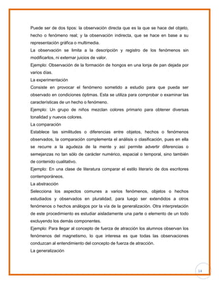 14
Puede ser de dos tipos: la observación directa que es la que se hace del objeto,
hecho o fenómeno real; y la observación indirecta, que se hace en base a su
representación gráfica o multimedia.
La observación se limita a la descripción y registro de los fenómenos sin
modificarlos, ni externar juicios de valor.
Ejemplo: Observación de la formación de hongos en una lonja de pan dejada por
varios días.
La experimentación
Consiste en provocar el fenómeno sometido a estudio para que pueda ser
observado en condiciones óptimas. Esta se utiliza para comprobar o examinar las
características de un hecho o fenómeno.
Ejemplo: Un grupo de niños mezclan colores primario para obtener diversas
tonalidad y nuevos colores.
La comparación
Establece las similitudes o diferencias entre objetos, hechos o fenómenos
observados, la comparación complementa el análisis o clasificación, pues en ella
se recurre a la agudeza de la mente y así permite advertir diferencias o
semejanzas no tan sólo de carácter numérico, espacial o temporal, sino también
de contenido cualitativo.
Ejemplo: En una clase de literatura comparar el estilo literario de dos escritores
contemporáneos.
La abstracción
Selecciona los aspectos comunes a varios fenómenos, objetos o hechos
estudiados y observados en pluralidad, para luego ser extendidos a otros
fenómenos o hechos análogos por la vía de la generalización. Otra interpretación
de este procedimiento es estudiar aisladamente una parte o elemento de un todo
excluyendo los demás componentes.
Ejemplo: Para llegar al concepto de fuerza de atracción los alumnos observan los
fenómenos del magnetismo, lo que interesa es que todas las observaciones
conduzcan al entendimiento del concepto de fuerza de atracción.
La generalización
 