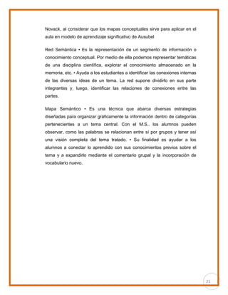 21
Novack, al considerar que los mapas conceptuales sirve para aplicar en el
aula en modelo de aprendizaje significativo de Ausubel
Red Semántica • Es la representación de un segmento de información o
conocimiento conceptual. Por medio de ella podemos representar temáticas
de una disciplina científica, explorar el conocimiento almacenado en la
memoria, etc. • Ayuda a los estudiantes a identificar las conexiones internas
de las diversas ideas de un tema. La red supone dividirlo en sus parte
integrantes y, luego, identificar las relaciones de conexiones entre las
partes.
Mapa Semántico • Es una técnica que abarca diversas estrategias
diseñadas para organizar gráficamente la información dentro de categorías
pertenecientes a un tema central. Con el M.S.. los alumnos pueden
observar, como las palabras se relacionan entre sí por grupos y tener así
una visión completa del tema tratado. • Su finalidad es ayudar a los
alumnos a conectar lo aprendido con sus conocimientos previos sobre el
tema y a expandirlo mediante el comentario grupal y la incorporación de
vocabulario nuevo.
 