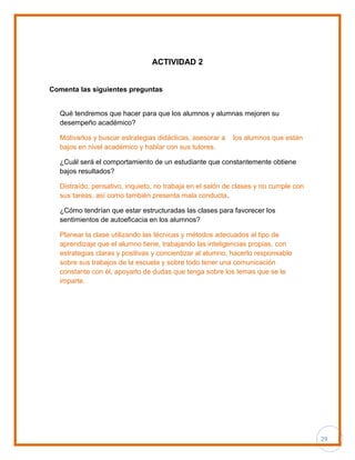 29
ACTIVIDAD 2
Comenta las siguientes preguntas
Qué tendremos que hacer para que los alumnos y alumnas mejoren su
desempeño académico?
Motivarlos y buscar estrategias didácticas, asesorar a los alumnos que están
bajos en nivel académico y hablar con sus tutores.
¿Cuál será el comportamiento de un estudiante que constantemente obtiene
bajos resultados?
Distraído, pensativo, inquieto, no trabaja en el salón de clases y no cumple con
sus tareas, así como también presenta mala conducta.
¿Cómo tendrían que estar estructuradas las clases para favorecer los
sentimientos de autoeficacia en los alumnos?
Planear la clase utilizando las técnicas y métodos adecuados al tipo de
aprendizaje que el alumno tiene, trabajando las inteligencias propias, con
estrategias claras y positivas y concientizar al alumno, hacerlo responsable
sobre sus trabajos de la escuela y sobre todo tener una comunicación
constante con él, apoyarlo de dudas que tenga sobre los temas que se le
imparte.
 