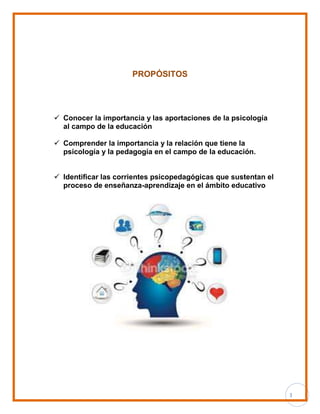 3
PROPÓSITOS
 Conocer la importancia y las aportaciones de la psicología
al campo de la educación
 Comprender la importancia y la relación que tiene la
psicología y la pedagogía en el campo de la educación.
 Identificar las corrientes psicopedagógicas que sustentan el
proceso de enseñanza-aprendizaje en el ámbito educativo
 