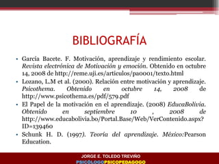 BIBLIOGRAFÍA
• García Bacete. F. Motivación, aprendizaje y rendimiento escolar.
Revista electrónica de Motivación y emoción. Obtenido en octubre
14, 2008 de http://reme.uji.es/articulos/pa0001/texto.html
• Lozano, L.M et al. (2000). Relación entre motivación y aprendizaje.
Psicothema. Obtenido en octubre 14, 2008 de
http://www.psicothema.es/pdf/579.pdf
• El Papel de la motivación en el aprendizaje. (2008) EducaBolivia.
Obtenido en septiembre 10 , 2008 de
http://www.educabolivia.bo/Portal.Base/Web/VerContenido.aspx?
ID=139460
• Schunk H. D. (1997). Teoría del aprendizaje. México:Pearson
Education.
JORGE E. TOLEDO TREVIÑO
PSICÓLOGOPSICOPEDAGOGO
 