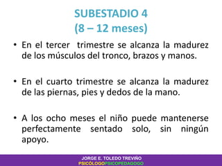 SUBESTADIO 4
(8 – 12 meses)
• En el tercer trimestre se alcanza la madurez
de los músculos del tronco, brazos y manos.
• En el cuarto trimestre se alcanza la madurez
de las piernas, pies y dedos de la mano.
• A los ocho meses el niño puede mantenerse
perfectamente sentado solo, sin ningún
apoyo.
JORGE E. TOLEDO TREVIÑO
PSICÓLOGOPSICOPEDAGOGO
 