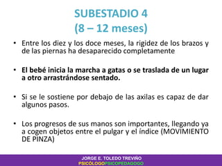 SUBESTADIO 4
(8 – 12 meses)
• Entre los diez y los doce meses, la rigidez de los brazos y
de las piernas ha desaparecido completamente
• El bebé inicia la marcha a gatas o se traslada de un lugar
a otro arrastrándose sentado.
• Si se le sostiene por debajo de las axilas es capaz de dar
algunos pasos.
• Los progresos de sus manos son importantes, llegando ya
a cogen objetos entre el pulgar y el índice (MOVIMIENTO
DE PINZA)
JORGE E. TOLEDO TREVIÑO
PSICÓLOGOPSICOPEDAGOGO
 