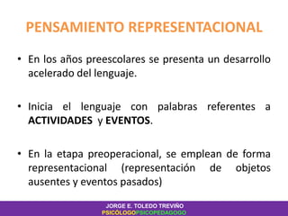 PENSAMIENTO REPRESENTACIONAL
• En los años preescolares se presenta un desarrollo
acelerado del lenguaje.
• Inicia el lenguaje con palabras referentes a
ACTIVIDADES y EVENTOS.
• En la etapa preoperacional, se emplean de forma
representacional (representación de objetos
ausentes y eventos pasados)
JORGE E. TOLEDO TREVIÑO
PSICÓLOGOPSICOPEDAGOGO
 