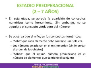 ESTADIO PREOPERACIONAL
(2 – 7 AÑOS)
• En esta etapa, se aprecia la aparición de conceptos
numéricos como herramienta. Sin embargo, no se
adquiere el concepto verdadero del número
• Se observa que el niño, en los conceptos numéricos:
– “Sabe” que cada elemento debe contarse una sola vez.
– Los números se asignan en el mismo orden (sin importar
el orden de los objetos)
– “Saben” que el último número pronunciado es el
número de elementos que contiene el conjunto
JORGE E. TOLEDO TREVIÑO
PSICÓLOGOPSICOPEDAGOGO
 