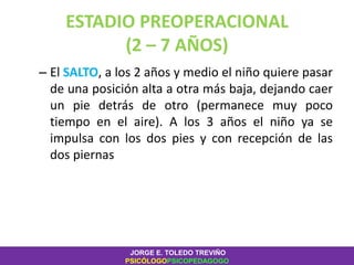ESTADIO PREOPERACIONAL
(2 – 7 AÑOS)
– El SALTO, a los 2 años y medio el niño quiere pasar
de una posición alta a otra más baja, dejando caer
un pie detrás de otro (permanece muy poco
tiempo en el aire). A los 3 años el niño ya se
impulsa con los dos pies y con recepción de las
dos piernas
JORGE E. TOLEDO TREVIÑO
PSICÓLOGOPSICOPEDAGOGO
 