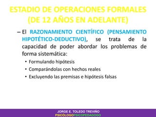 ESTADIO DE OPERACIONES FORMALES
(DE 12 AÑOS EN ADELANTE)
– El RAZONAMIENTO CIENTÍFICO (PENSAMIENTO
HIPOTÉTICO-DEDUCTIVO), se trata de la
capacidad de poder abordar los problemas de
forma sistemática:
• Formulando hipótesis
• Comparándolas con hechos reales
• Excluyendo las premisas e hipótesis falsas
JORGE E. TOLEDO TREVIÑO
PSICÓLOGOPSICOPEDAGOGO
 