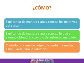 ¿CÓMO?
Explicando de manera clara y concisa los objetivos
del curso.
Explicando de manera clara y concisa lo que el
alumno obtendrá a cambio del esfuerzo realizado.
Creando un clima de respeto y confianza mutua,
estimulante para los alumnos.
JORGE E. TOLEDO TREVIÑO
PSICÓLOGOPSICOPEDAGOGO
 
