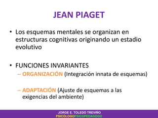 JEAN PIAGET
• Los esquemas mentales se organizan en
estructuras cognitivas originando un estadio
evolutivo
• FUNCIONES INVARIANTES
– ORGANIZACIÓN (Integración innata de esquemas)
– ADAPTACIÓN (Ajuste de esquemas a las
exigencias del ambiente)
JORGE E. TOLEDO TREVIÑO
PSICÓLOGOPSICOPEDAGOGO
 