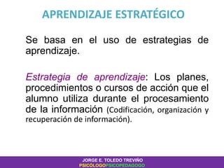APRENDIZAJE ESTRATÉGICO
Se basa en el uso de estrategias de
aprendizaje.
Estrategia de aprendizaje: Los planes,
procedimientos o cursos de acción que el
alumno utiliza durante el procesamiento
de la información (Codificación, organización y
recuperación de información).
JORGE E. TOLEDO TREVIÑO
PSICÓLOGOPSICOPEDAGOGO
 