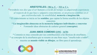 ARISTOTELES ( 384 a. C. – 322 a. C.),
Aristóteles nos dice que el ser humano a través del tiempo va adquiriendo experiencia
al respecto de lo que hace y adquiere conocimiento, es un proceso continuo en el
que está involucrado: la sensibilidad, memoria e imaginación.
* El conocimiento se inicia en los sentidos, que captan la forma sensible de los objetos
concretos
* La imaginación almacena en la memoria imágenes individuales y concretas
• Formando ideas abstractas de carácter general (conceptos).
•
JUAN AMOS COMENIO (1592 - 1670)
* Comenio es muy conocido por sus contribuciones a las técnicas de enseñanza
* su concepto de la enseñanza que se resume en una frase suya: "enseña todo a todos".
• muestra un mundo visible en dibujos, un libro para el aprendizaje.
•
 