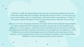 Colodrón, F. (2018). Rol del psicólogo de la educación, documento aprobado por la Junta
Estatal del Colegio Oficial de Psicólogos. Recuperado de http//:Freire, P. La educación y el
proceso del cambio social. En Cambio (págs ). Editorial América Latina.Gomez, H. (2016). En
Educación la agenda del siglo XX: Hacia un desarrollo humano. Colombia: Tercer mundo
editores .
Johnson, D. W. (1972). Psicología social de la educación. Buenos Aires: Editorial Kapeluz.Medina,
M. (1998). Colegio Oficial de Psicólogos de España. Recuperado el 14 de Agosto de 2019,
deRámirez, M., & Fernández, A. (2018). Asociación Colombiana para el Avance de las Ciencias
del Comportamiento (ABA Colombia). Recuperado el 14 de Agosto de 2017, deRamon, J. (2017).
Competencias laborales del psicólogo javeriano en diferentes áreas aplicativas: clínica,
educativa, social y organizacional . Revista de Psicologia del Trabajo y de las Organizaciones
,Woolfolk, A. (2016). Psicología Educativa. Mexico: Pearson.
 