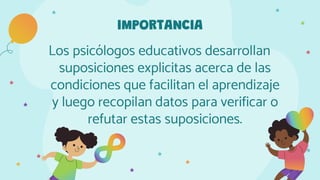 IMPORTANCIA
Los psicólogos educativos desarrollan
suposiciones explicitas acerca de las
condiciones que facilitan el aprendizaje
y luego recopilan datos para verificar o
refutar estas suposiciones.
 