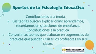 Contribuciones a la teoría.
 Las teorías buscan explicar como aprendemos,
recordamos en situaciones de enseñanza.
Contribuciones a la practica.
 Convertir las teorías que elaboran en sugerencias de
practicas que pueden utilizar los profesores en sus
clases.
Aportes de la Psicología Educativa
 