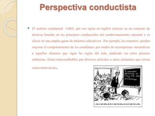 Perspectiva conductista 
 El analisis conductual (ABA, por sus siglas en inglés) consiste en un conjunto de 
técnicas basadas en los principios conductuales del condicionamiento operante y es 
eficaz en una amplia gama de entornos educativos. Por ejemplo, los maestros pueden 
mejorar el comportamiento de los estudiantes por medio de recompensas sistemáticas 
a aquellos alumnos que sigan las reglas del aula, pudiendo ser estos premios 
alabanzas, fichas intercambiables por diversos artículos u otros elementos que sirvan 
como motivación. 
 