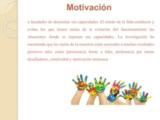 Motivación 
a facadades de demostrar sus capacidades. El miedo de la falta conducen y 
evitan los que tienen metas de la evitación del funcionamiento las 
situaciones donde se exponen sus capacidades. La investigación ha 
encontrado que las metas de la maestría están asociadas a muchos resultados 
positivos tales como persistencia frente a falta, preferencia por tareas 
desafiadoras, creatividad y motivación intrínseca 
 