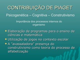 CONTRIBUIÇÃO DE PIAGETCONTRIBUIÇÃO DE PIAGET
 Elaboração de programas para o ensino deElaboração de programas para o ensino de
ciências e matemáticaciências e matemática
 Utilização de jogos no contexto escolarUtilização de jogos no contexto escolar
 A ”avassaladora” presença doA ”avassaladora” presença do
construtivismo como teoria do processo deconstrutivismo como teoria do processo de
alfabetizaçãoalfabetização
Psicogenética – Cognitiva – Construtivismo
Importância dos processos internos do
organismo
 