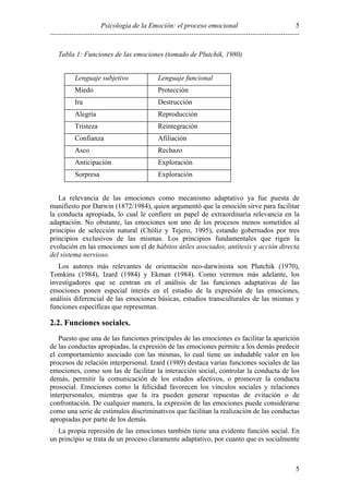 5
Psicología de la Emoción: el proceso emocional
---------------------------------------------------------------------------------------------------------Tabla 1: Funciones de las emociones (tomado de Plutchik, 1980)
Lenguaje subjetivo

Lenguaje funcional

Miedo

Protección

Ira

Destrucción

Alegría

Reproducción

Tristeza

Reintegración

Confianza

Afiliación

Asco

Rechazo

Anticipación

Exploración

Sorpresa

Exploración

La relevancia de las emociones como mecanismo adaptativo ya fue puesta de
manifiesto por Darwin (1872/1984), quien argumentó que la emoción sirve para facilitar
la conducta apropiada, lo cual le confiere un papel de extraordinaria relevancia en la
adaptación. No obstante, las emociones son uno de los procesos menos sometidos al
principio de selección natural (Chóliz y Tejero, 1995), estando gobernados por tres
principios exclusivos de las mismas. Los principios fundamentales que rigen la
evolución en las emociones son el de hábitos útiles asociados, antítesis y acción directa
del sistema nervioso.
Los autores más relevantes de orientación neo-darwinista son Plutchik (1970),
Tomkins (1984), Izard (1984) y Ekman (1984). Como veremos más adelante, los
investigadores que se centran en el análisis de las funciones adaptativas de las
emociones ponen especial interés en el estudio de la expresión de las emociones,
análisis diferencial de las emociones básicas, estudios transculturales de las mismas y
funciones específicas que representan.

2.2. Funciones sociales.
Puesto que una de las funciones principales de las emociones es facilitar la aparición
de las conductas apropiadas, la expresión de las emociones permite a los demás predecir
el comportamiento asociado con las mismas, lo cual tiene un indudable valor en los
procesos de relación interpersonal. Izard (1989) destaca varias funciones sociales de las
emociones, como son las de facilitar la interacción social, controlar la conducta de los
demás, permitir la comunicación de los estados afectivos, o promover la conducta
prosocial. Emociones como la felicidad favorecen los vínculos sociales y relaciones
interpersonales, mientras que la ira pueden generar repuestas de evitación o de
confrontación. De cualquier manera, la expresión de las emociones puede considerarse
como una serie de estímulos discriminativos que facilitan la realización de las conductas
apropiadas por parte de los demás.
La propia represión de las emociones también tiene una evidente función social. En
un principio se trata de un proceso claramente adaptativo, por cuanto que es socialmente

5

 