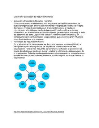 Dirección y planeación de Recursos humanos

Dirección estratégica de Recursos Humanos
El recurso humano es el elemento más importante para el funcionamiento de
cualquier organización a través del incremento de la productividad hacia el logro
de mejores niveles de competitividad. El elemento humano a través del
conocimiento adquirido por medio de la educación no formal (capacitación)
influenciado por el sistema de educación superior genera capital humano y el éxito
del desarrollo de dicho Capital esta en saber valorar los conocimientos y en
consecuencia generar habilidades y capacidades que poseen un gran influencia
en el desempeño de una empresa.
Planeación de Recursos Humanos
En la administración de empresas, se denomina recursos humanos (RRHH) al
trabajo que aporta el conjunto de los empleados o colaboradores de esa
organización. Pero lo más frecuente, es llamar así a la función o gestión que se
ocupa de seleccionar, contratar, formar, emplear y retener a los colaboradores de
la organización. Estas tareas las puede desempeñar una persona o departamento
en concreto (los profesionales en Recursos Humanos) junto a los directivos de la
organización




http://www.monografias.com/Administracion_y_Finanzas/Recursos_Humanos/
 