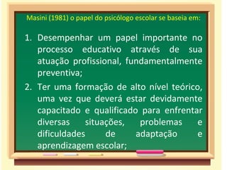 Masini (1981) o papel do psicólogo escolar se baseia em:

1. Desempenhar um papel importante no
   processo educativo através de sua
   atuação profissional, fundamentalmente
   preventiva;
2. Ter uma formação de alto nível teórico,
   uma vez que deverá estar devidamente
   capacitado e qualificado para enfrentar
   diversas    situações,   problemas    e
   dificuldades     de     adaptação     e
   aprendizagem escolar;
 