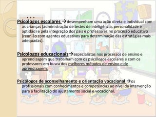 …
Psicologos escolares desempenham uma ação direta e individual com
as crianças (administração de testes de inteligência, personalidade e
aptidão) e pela integração dos pais e professores no processo educativo
(reunião com agentes educativos para determinação das estratégias mais
adequadas).
Psicologos educacionaisespecialistas nos processos de ensino e
aprendizagem que trabalham com os psicólogos escolares e com os
professores em busca dos melhores métodos de ensino e de
aprendizagem.
Psicólogos de aconselhamento e orientação vocacional os
profissionais com conhecimentos e competências ao nível da intervenção
para a facilitação do ajustamento social e vocacional.
 